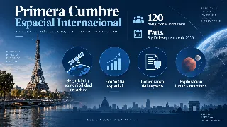 Infografía con las cifras de la cumbre, 120 delegaciones extranjeras y las fechas del 9 y 10 de septiembre de 2026 en París, más los cuatro ejes del programa: seguridad y sostenibilidad en órbita, economía espacial, gobernanza del espacio y exploración lunar y marciana