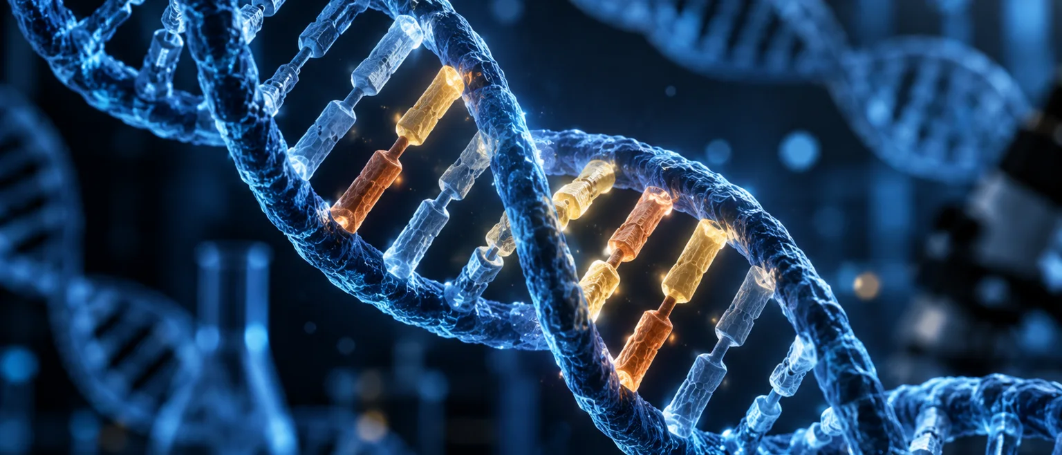 Ilustración científica de una doble hélice de ADN en tonos azules luminosos con cuatro pares de bases sintéticas destacados en ámbar entrelazados junto a los naturales, sobre fondo oscuro de laboratorio
