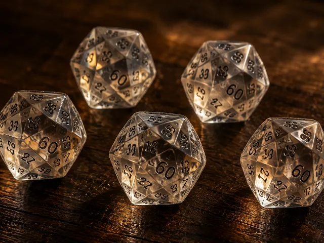 Macrofotografía de cinco dados translúcidos de 60 caras sobre una mesa de madera oscura, con iluminación cálida
