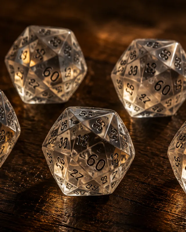Macrofotografía de cinco dados translúcidos de 60 caras sobre una mesa de madera oscura, con iluminación cálida