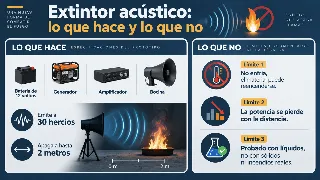 Infografía que muestra las especificaciones del prototipo Vortex-TEC (batería de 12 voltios, emisión a 30 hercios, alcance de dos metros) junto a sus tres límites documentados: no enfría, pierde potencia con la distancia y solo está probado con líquidos