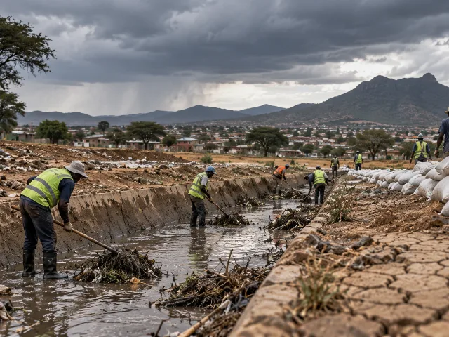 Trabajadores despejando un canal de drenaje bajo un cielo encapotado en una localidad de África oriental, con sacos terreros apilados y tierra agrietada en los bordes del encuadre