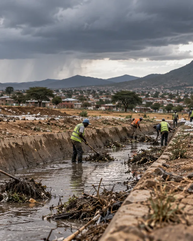Trabajadores despejando un canal de drenaje bajo un cielo encapotado en una localidad de África oriental, con sacos terreros apilados y tierra agrietada en los bordes del encuadre