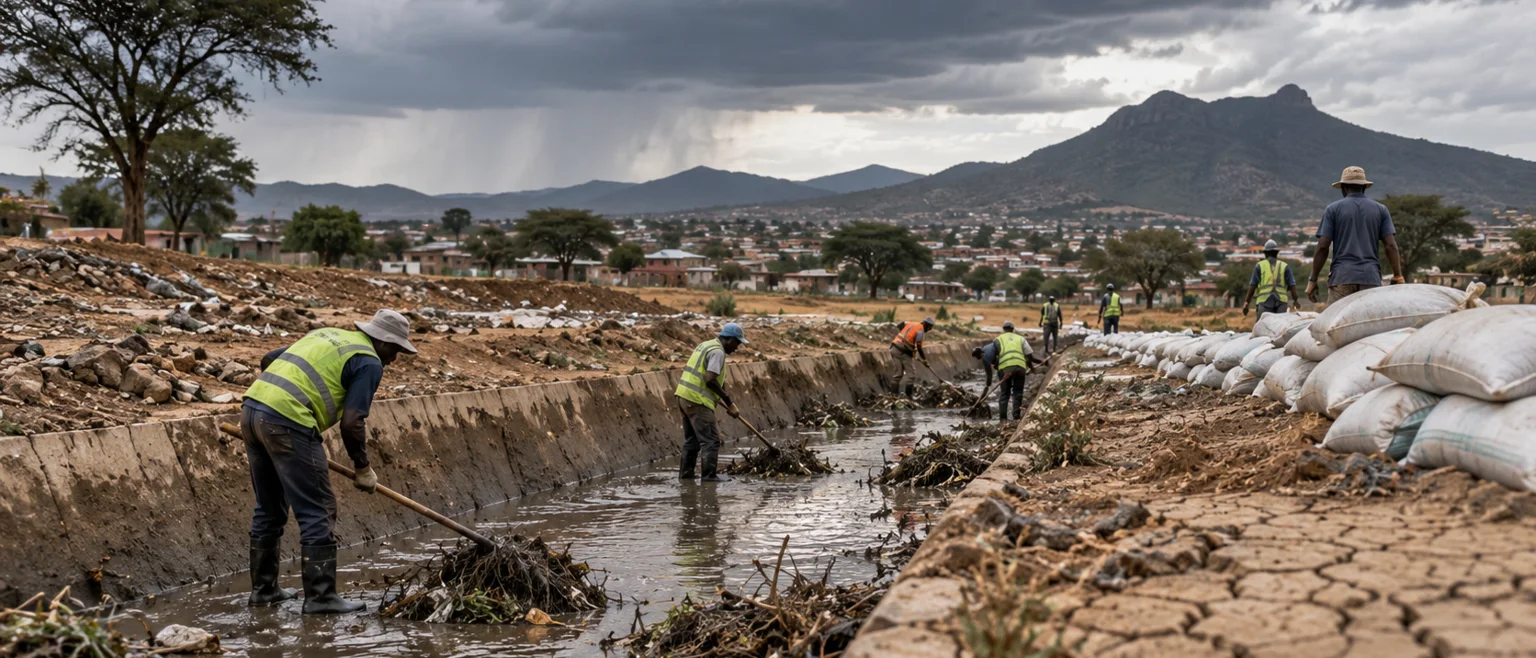 Trabajadores despejando un canal de drenaje bajo un cielo encapotado en una localidad de África oriental, con sacos terreros apilados y tierra agrietada en los bordes del encuadre