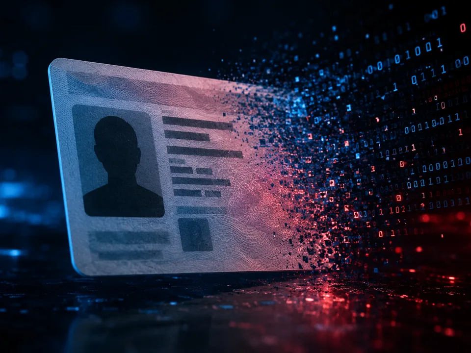 Ilustración de una licencia de conducir disolviéndose en código binario, evocando una filtración masiva de datos de identidad