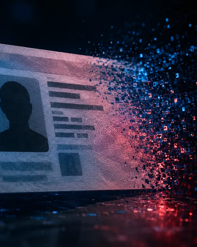Ilustración de una licencia de conducir disolviéndose en código binario, evocando una filtración masiva de datos de identidad
