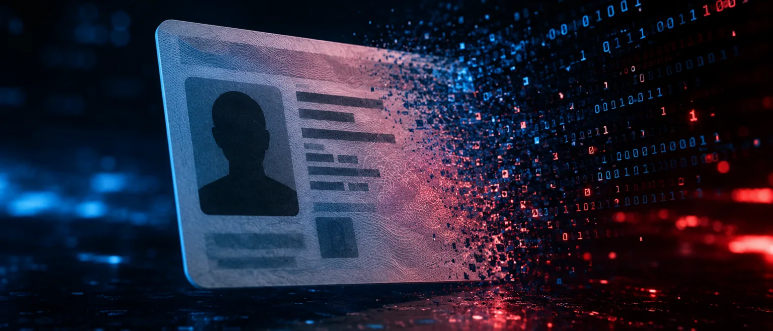 Ilustración de una licencia de conducir disolviéndose en código binario, evocando una filtración masiva de datos de identidad