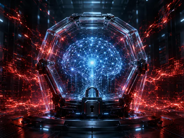 Visualización abstracta de un núcleo de red neuronal encerrado en una estructura de contención, representando las salvaguardas de un modelo de IA de alto riesgo