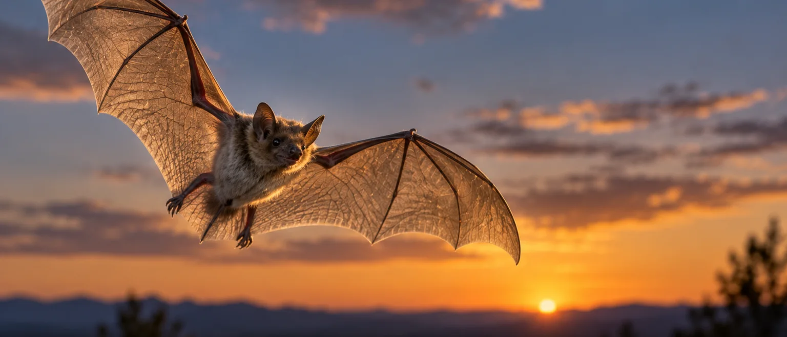 Murciélago vesper en vuelo contra un cielo crepuscular, con las alas extendidas y la membrana traslúcida iluminada a contraluz por la luz cálida del atardecer