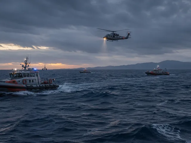 Botes y helicóptero de rescate buscando en el mar frente a la costa norte de Chipre tras el hundimiento de un ferry