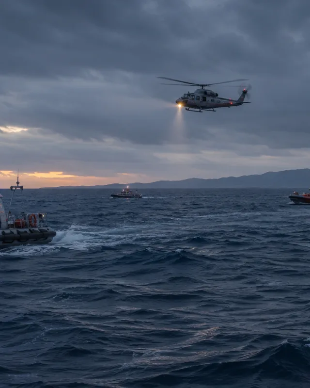 Botes y helicóptero de rescate buscando en el mar frente a la costa norte de Chipre tras el hundimiento de un ferry