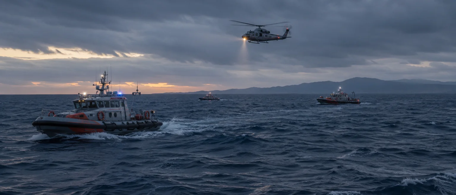 Botes y helicóptero de rescate buscando en el mar frente a la costa norte de Chipre tras el hundimiento de un ferry