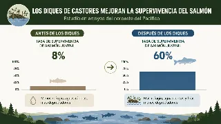 Infografía comparando la supervivencia del salmón coho joven antes (8%) y después (60%) de construir diques artificiales