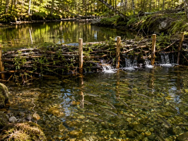 Dique construido a mano con ramas de sauce en un arroyo forestal, con salmones jóvenes visibles bajo el agua clara