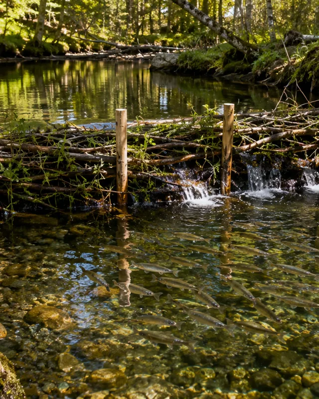 Dique construido a mano con ramas de sauce en un arroyo forestal, con salmones jóvenes visibles bajo el agua clara