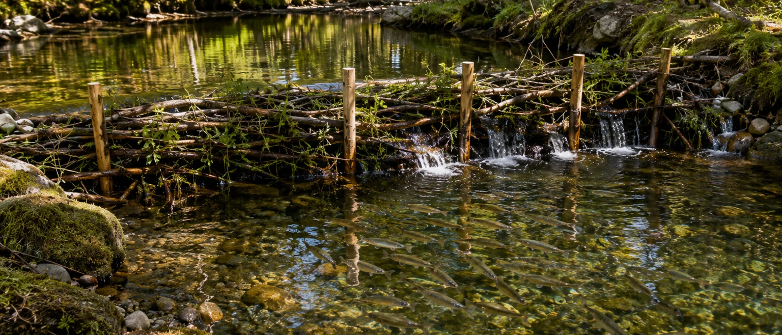 Dique construido a mano con ramas de sauce en un arroyo forestal, con salmones jóvenes visibles bajo el agua clara