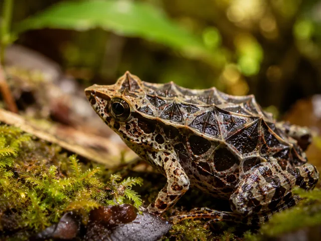 Rana diamante del género Rhombophryne con piel de patrones angulares sobre hojarasca en el bosque de Madagascar