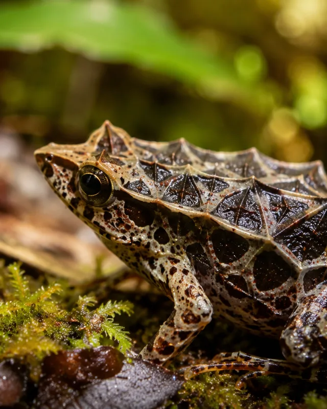 Rana diamante del género Rhombophryne con piel de patrones angulares sobre hojarasca en el bosque de Madagascar