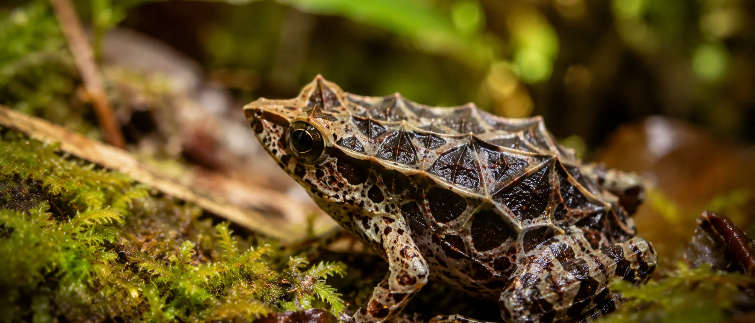 Rana diamante del género Rhombophryne con piel de patrones angulares sobre hojarasca en el bosque de Madagascar