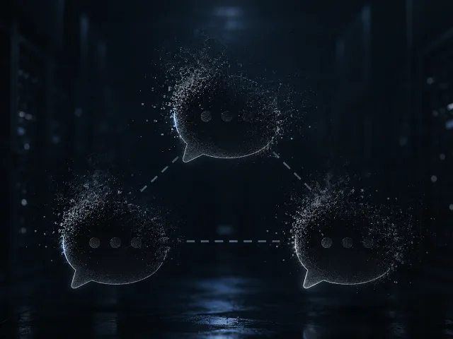 Ilustración abstracta de tres iconos de chat de inteligencia artificial apagándose al mismo tiempo, conectados por líneas punteadas
