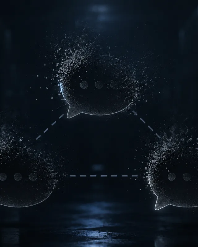 Ilustración abstracta de tres iconos de chat de inteligencia artificial apagándose al mismo tiempo, conectados por líneas punteadas