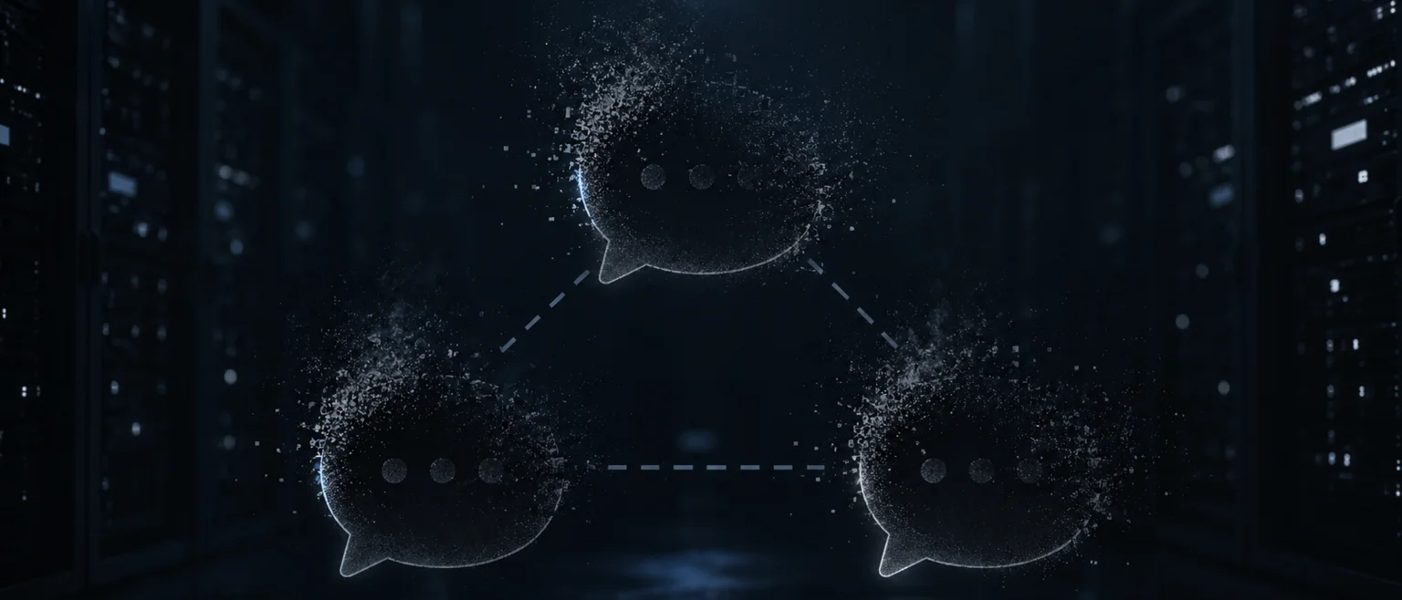 Ilustración abstracta de tres iconos de chat de inteligencia artificial apagándose al mismo tiempo, conectados por líneas punteadas